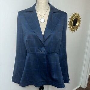 Cabi Blue Plaid Retro Peplum Waist Jacket Womens Size 4 Pleated Back Slim Blazer